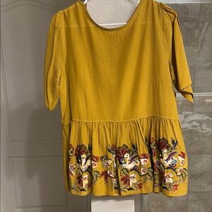 EUC Anthropologie Mustard Yellow Embroidered Peplum Top